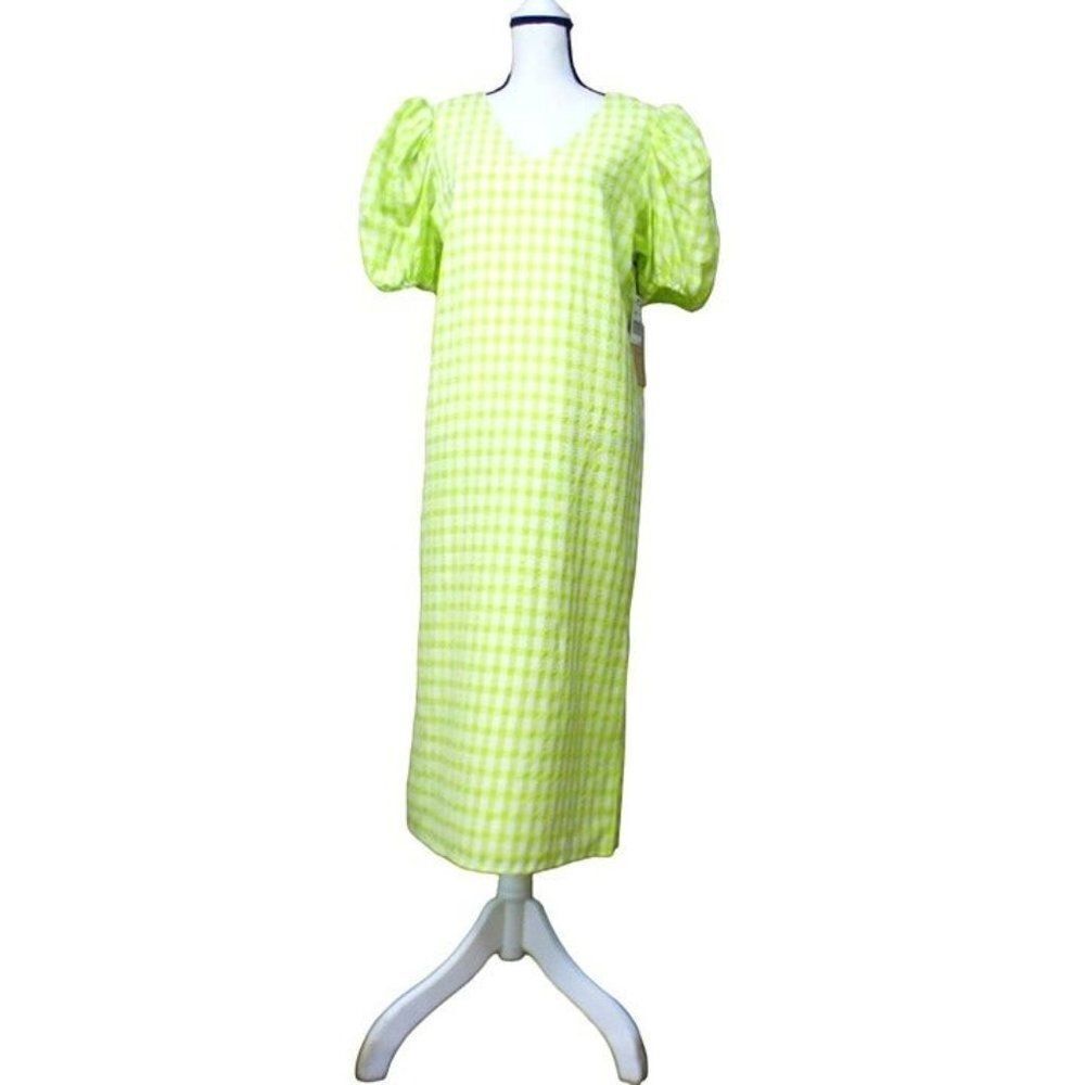 Halogen Puff Sleeve Midi Dress, Lime Green/ White, M - Picture 4 of 11
